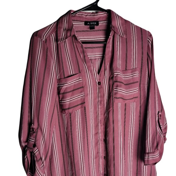 A. Byer Tops - A. Byer Women Red Striped Long Sleeve Button-Down Shirt L